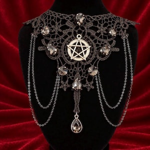 Pentagram Black Lace Choker, Smoky Crystal Witch Necklace, Occult Goth Gift for Her image 1