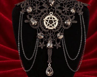Pentagram Black Lace Choker, Smoky Crystal Witch Necklace, Occult Goth Gift for Her