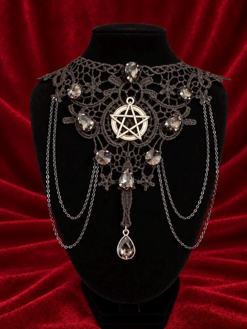 Pentagram Black Lace Choker, Smoky Crystal Witch Necklace, Occult Goth Gift for Her image 1