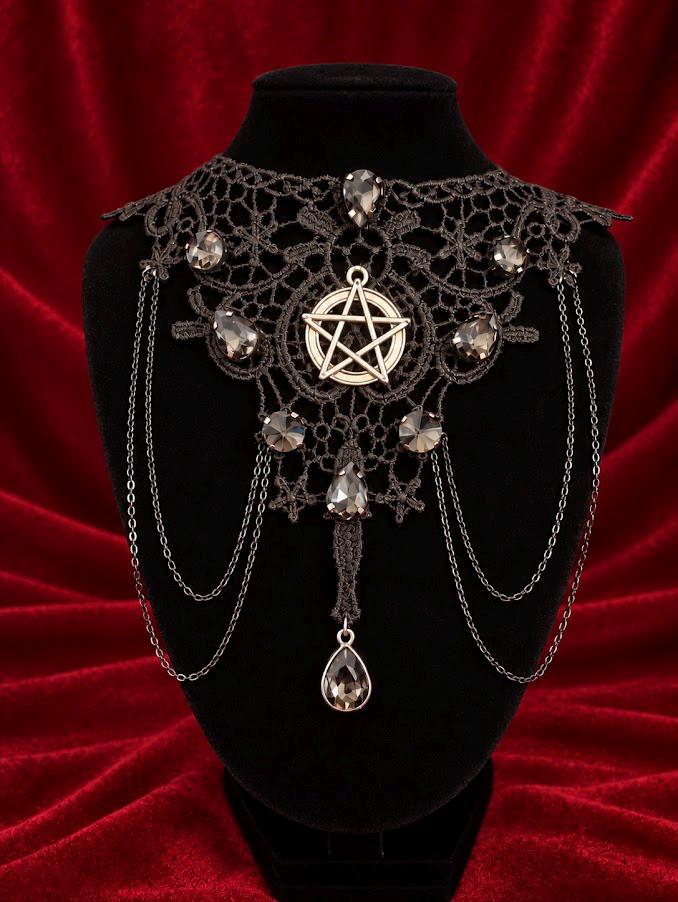 Black lace pentagram choker with smoky crystals and draped chains