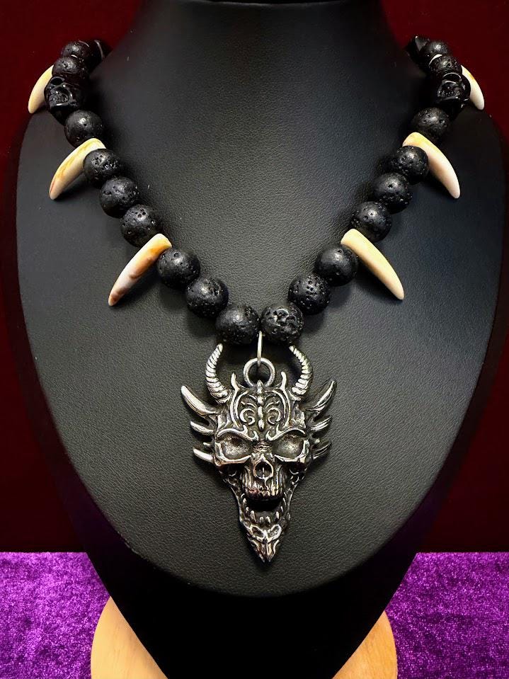 Horned Demon Skull Necklace with Black Lava Stone and Fang Charms