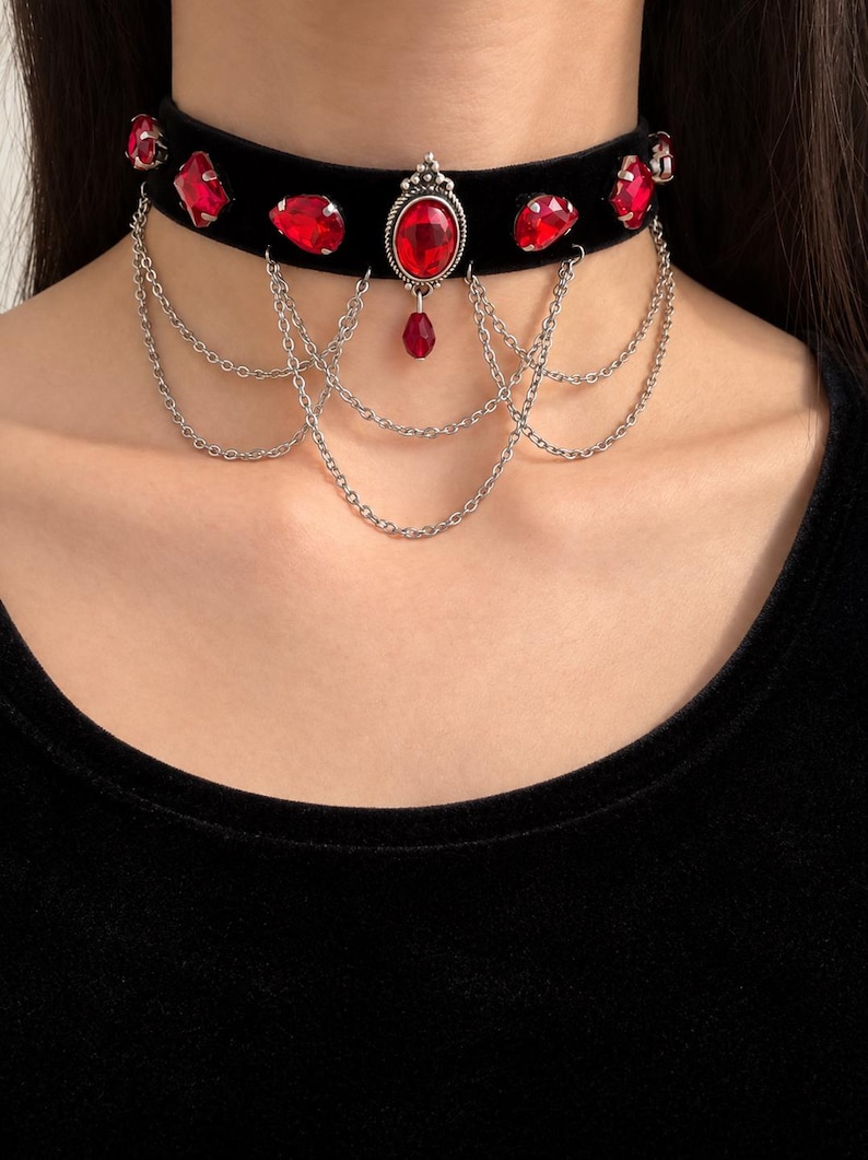 Blood Red Gem Velvet Choker, Victorian Vampire Draped Chain Necklace, Goth Gift for Her image 1