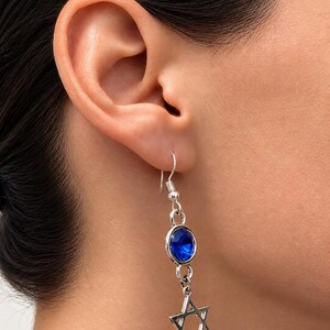 Blue Crystal Star of David Earrings, Gothic Judaica Dangles, Alternative Jewish Gift image 2