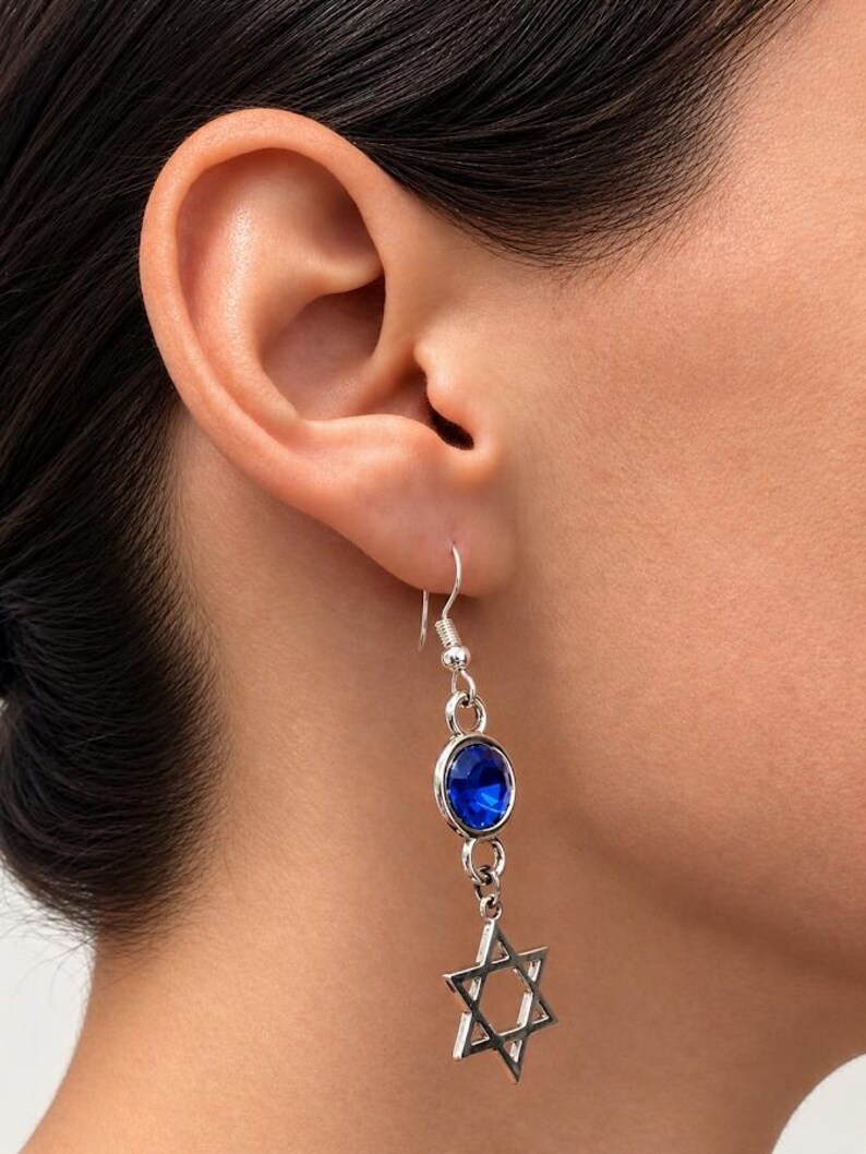 Blue Crystal Star of David Earrings, Gothic Judaica Dangles, Alternative Jewish Gift image 2