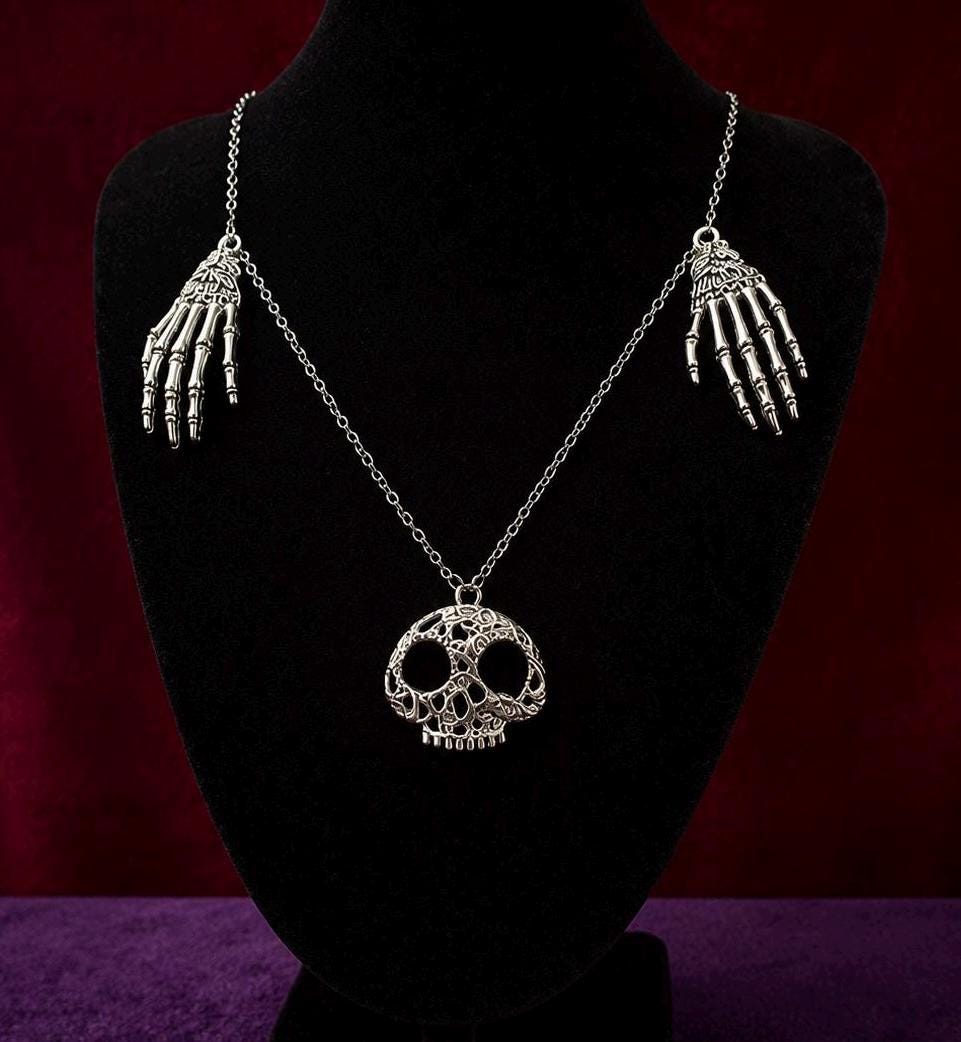 Gothic Filigree Skull Skeleton Hand Necklace