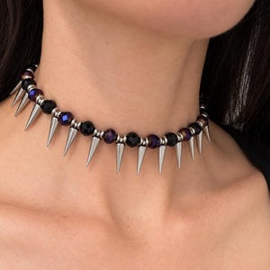 Purple and Black Spike Choker, Punk Goth Beaded Necklace, Goth Girlfriend Gift image 3