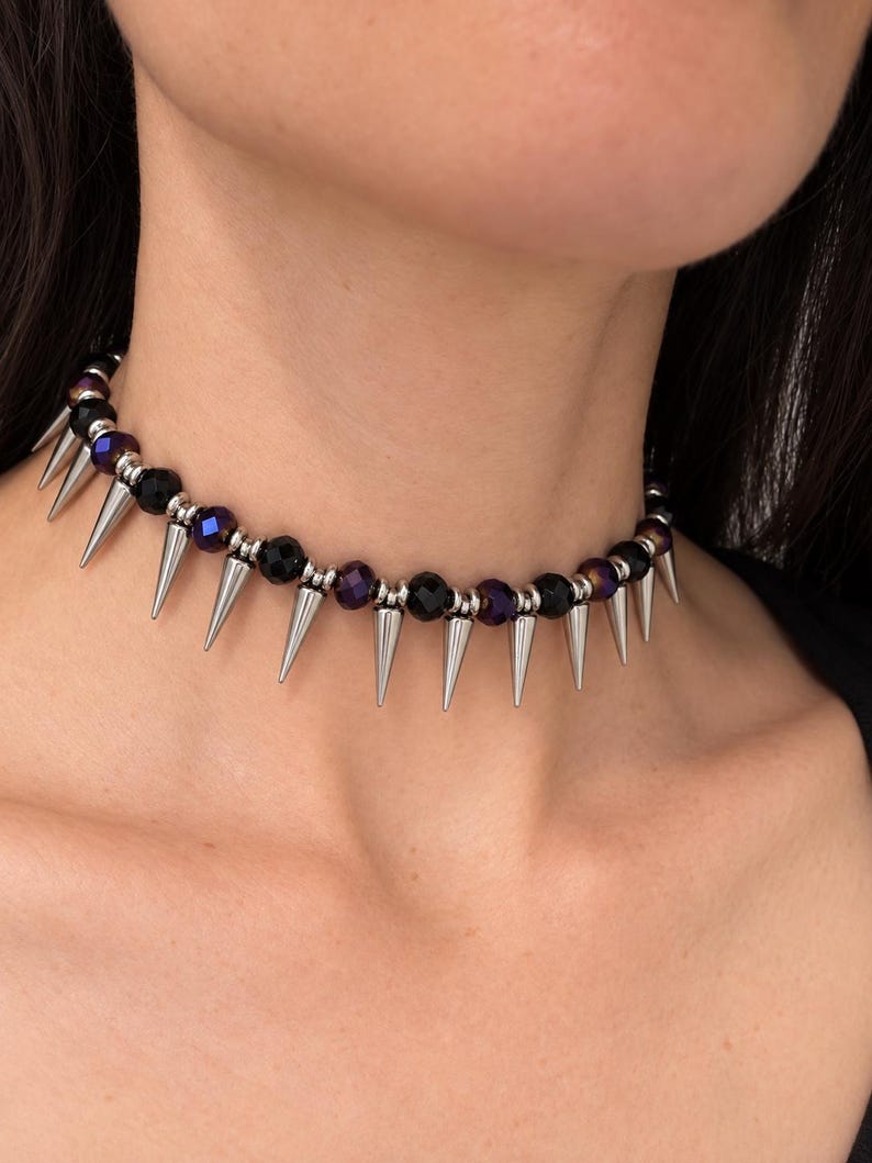 Purple and Black Spike Choker, Punk Goth Beaded Necklace, Goth Girlfriend Gift image 3