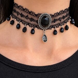 Black Lace Victorian Choker, Crystal Drop Necklace, Gothic Romantic Jewelry image 4