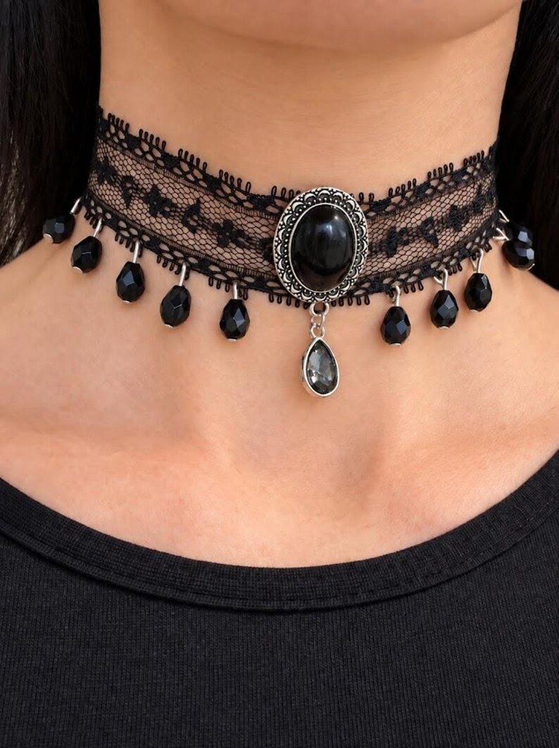 Black Lace Victorian Choker, Crystal Drop Necklace, Gothic Romantic Jewelry image 4