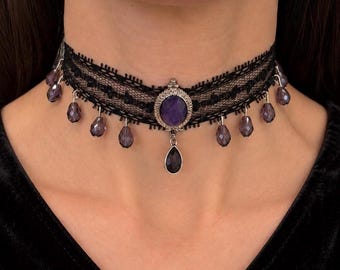 Purple Crystal Fringe Choker, Victorian Black Lace Necklace, Dark Romantic Gift for Her