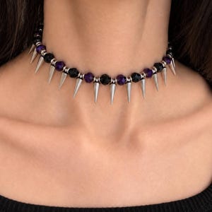 Purple and Black Spike Choker, Punk Goth Beaded Necklace, Goth Girlfriend Gift image 1