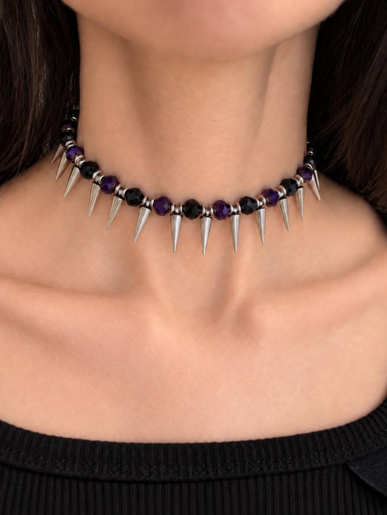Purple and Black Spike Choker, Punk Goth Beaded Necklace, Goth Girlfriend Gift image 1