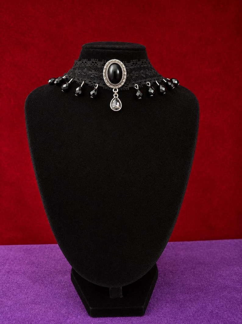 Black Lace Victorian Choker, Crystal Drop Necklace, Gothic Romantic Jewelry image 3