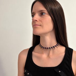 Purple and Black Spike Choker, Punk Goth Beaded Necklace, Goth Girlfriend Gift image 5