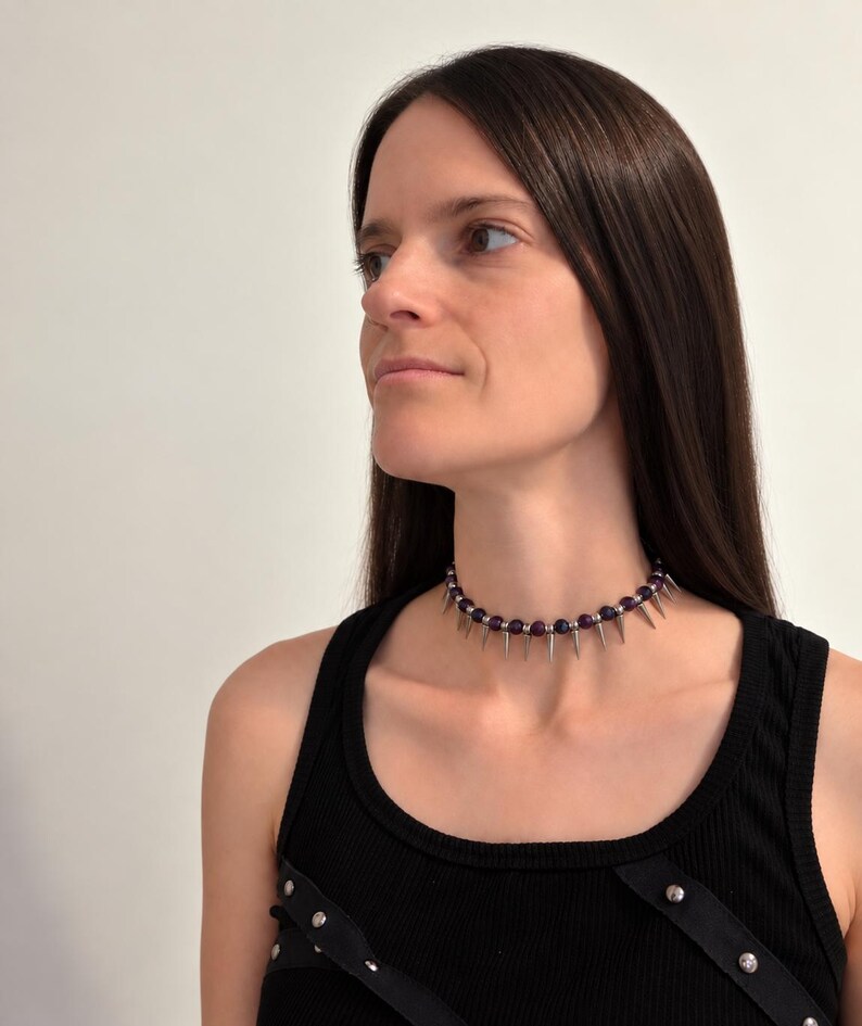 Purple and Black Spike Choker, Punk Goth Beaded Necklace, Goth Girlfriend Gift image 5
