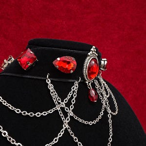 Blood Red Gem Velvet Choker, Victorian Vampire Draped Chain Necklace, Goth Gift for Her image 8