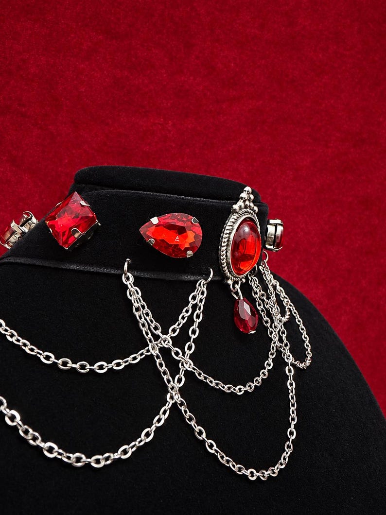 Blood Red Gem Velvet Choker, Victorian Vampire Draped Chain Necklace, Goth Gift for Her image 8