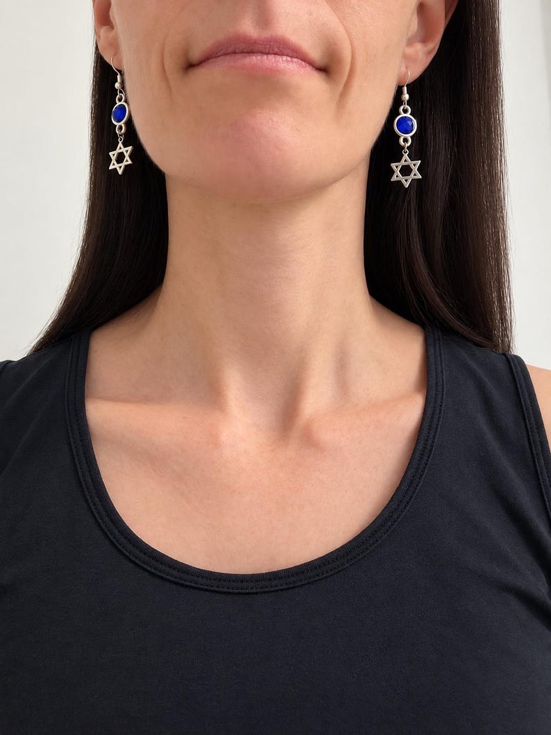 Blue Crystal Star of David Earrings, Gothic Judaica Dangles, Alternative Jewish Gift image 4