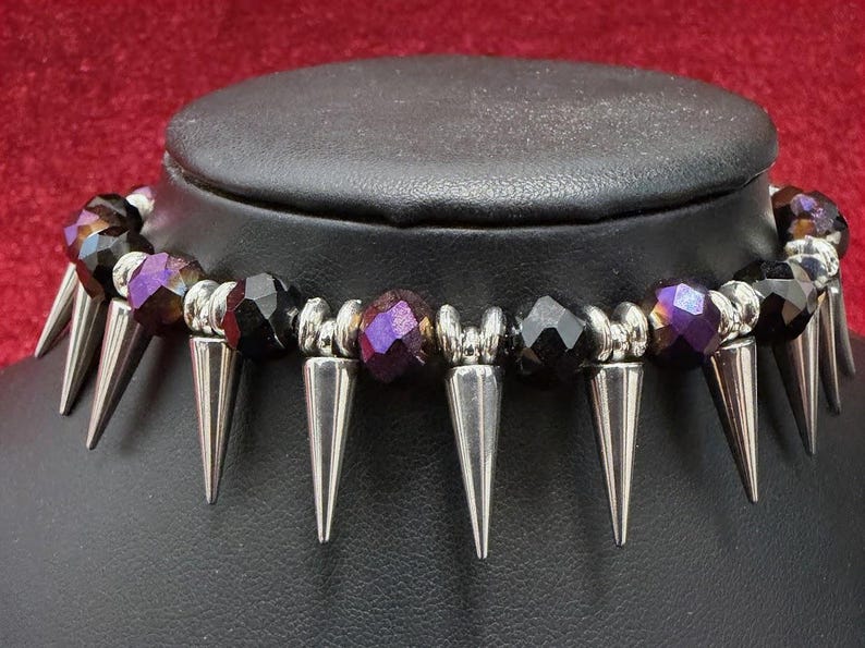 Purple and Black Spike Choker, Punk Goth Beaded Necklace, Goth Girlfriend Gift image 4