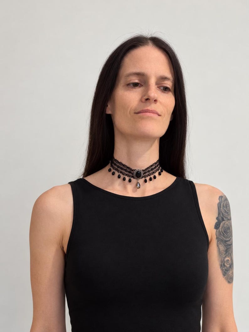 Black Lace Victorian Choker, Crystal Drop Necklace, Gothic Romantic Jewelry image 2