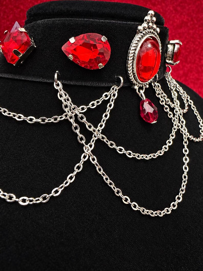 Blood Red Gem Velvet Choker, Victorian Vampire Draped Chain Necklace, Goth Gift for Her image 5