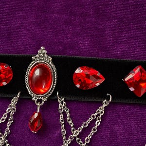 Blood Red Gem Velvet Choker, Victorian Vampire Draped Chain Necklace, Goth Gift for Her image 11