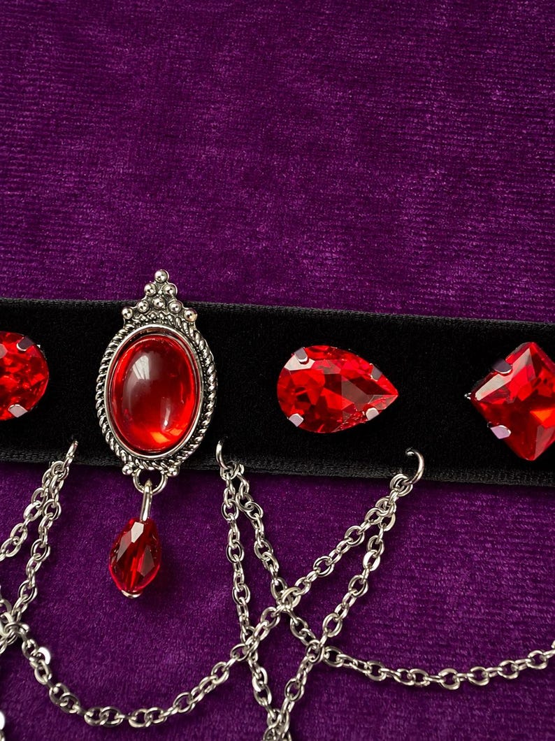 Blood Red Gem Velvet Choker, Victorian Vampire Draped Chain Necklace, Goth Gift for Her image 11