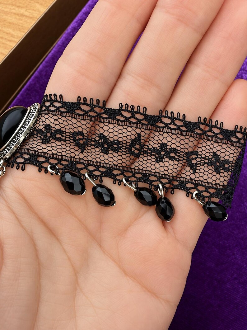 Black Lace Victorian Choker, Crystal Drop Necklace, Gothic Romantic Jewelry image 7