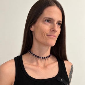 Purple and Black Spike Choker, Punk Goth Beaded Necklace, Goth Girlfriend Gift image 2
