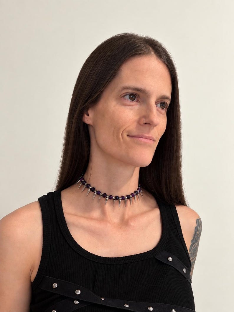Purple and Black Spike Choker, Punk Goth Beaded Necklace, Goth Girlfriend Gift image 2