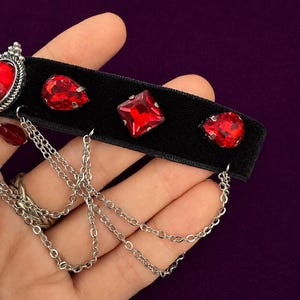 Blood Red Gem Velvet Choker, Victorian Vampire Draped Chain Necklace, Goth Gift for Her image 12