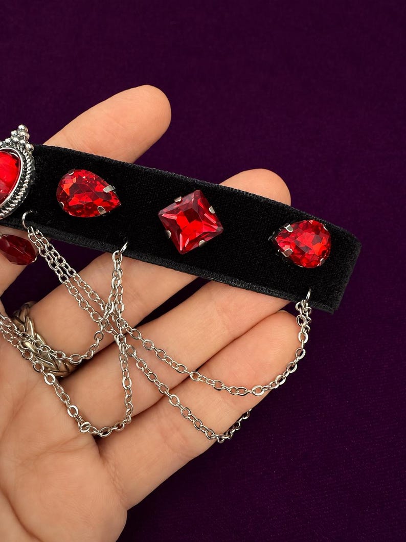Blood Red Gem Velvet Choker, Victorian Vampire Draped Chain Necklace, Goth Gift for Her image 12