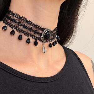 Black Lace Victorian Choker, Crystal Drop Necklace, Gothic Romantic Jewelry image 5