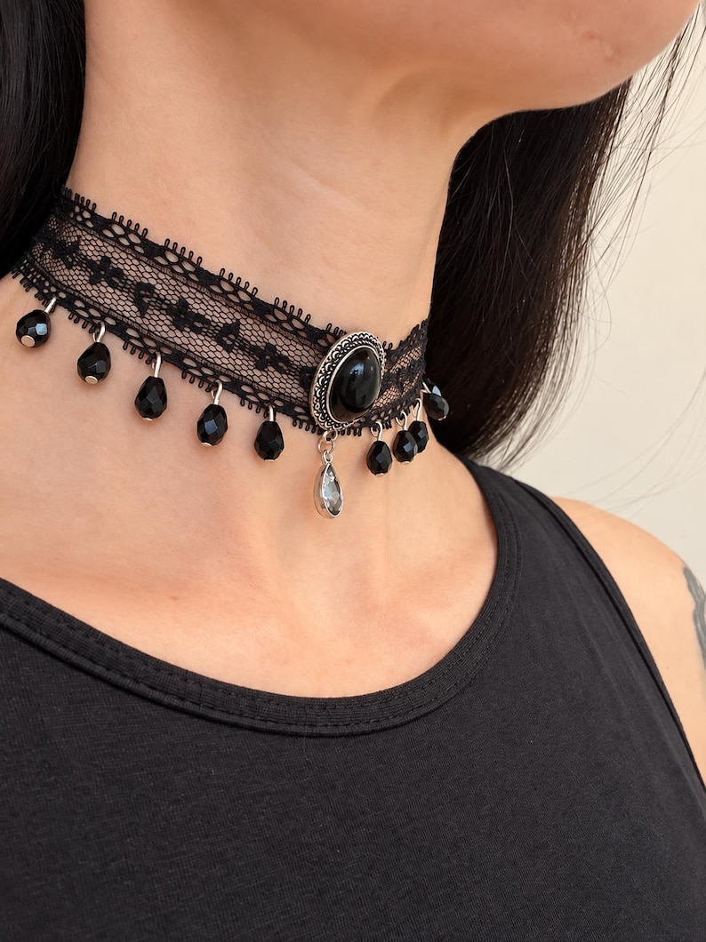 Black Lace Victorian Choker, Crystal Drop Necklace, Gothic Romantic Jewelry image 5
