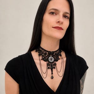 Pentagram Black Lace Choker, Smoky Crystal Witch Necklace, Occult Goth Gift for Her image 3
