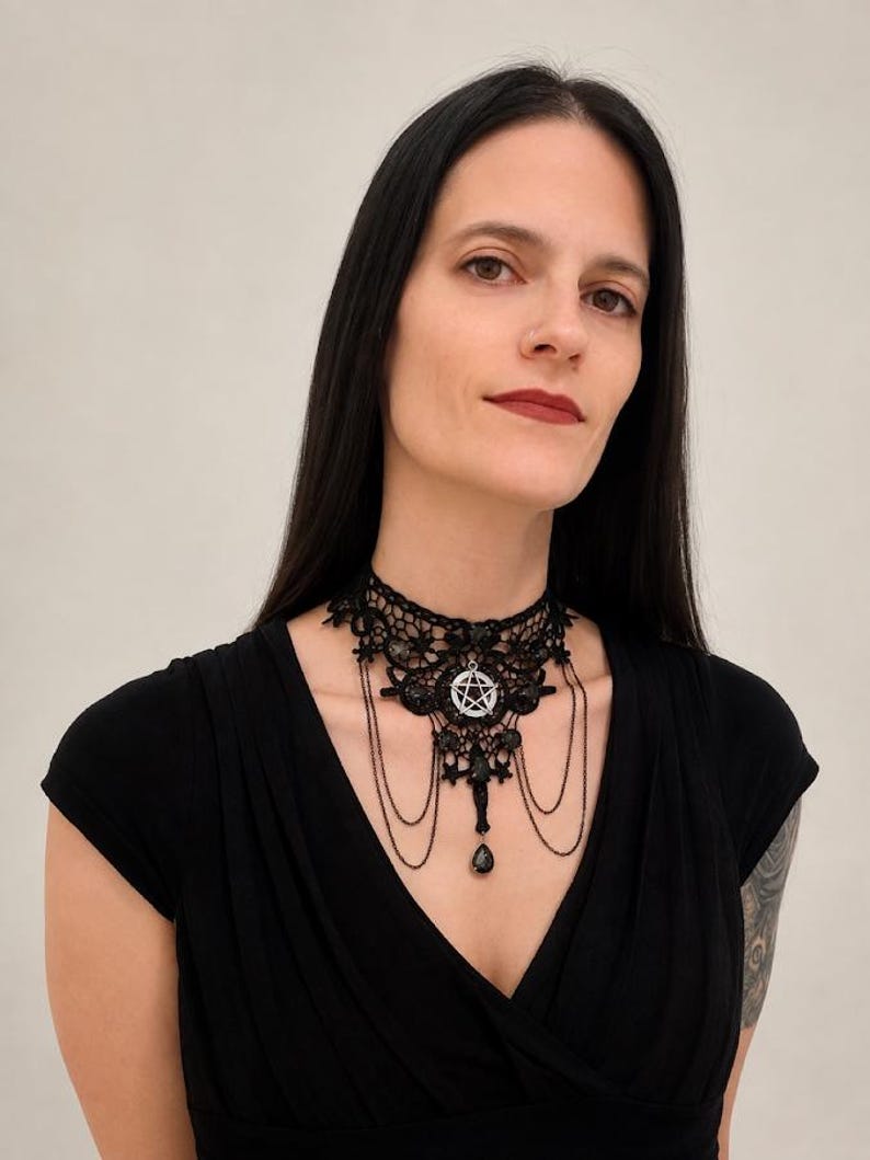 Pentagram Black Lace Choker, Smoky Crystal Witch Necklace, Occult Goth Gift for Her image 3