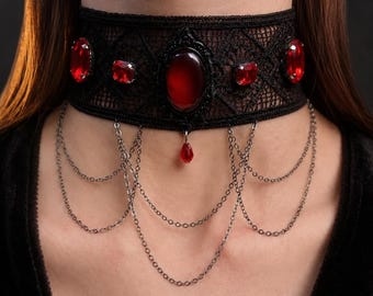 Ruby Crystal Lace Choker, Victorian Vampire Necklace, Dark Romantic Gift for Her