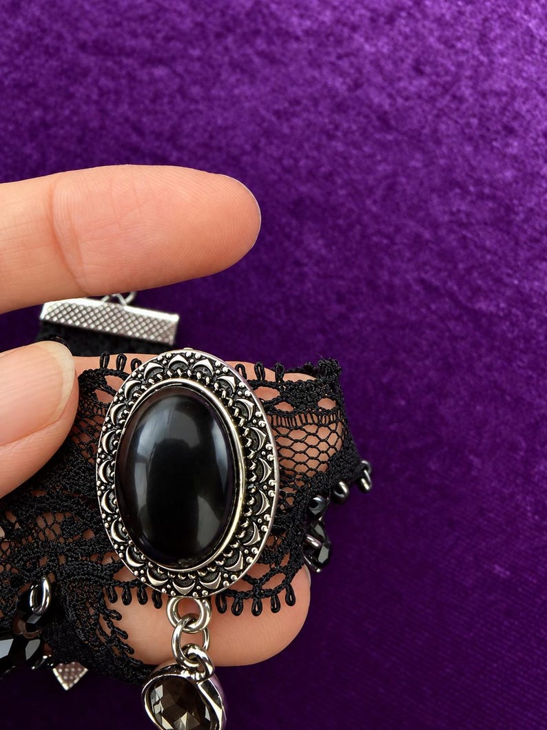 Black Lace Victorian Choker, Crystal Drop Necklace, Gothic Romantic Jewelry image 9
