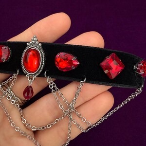 Blood Red Gem Velvet Choker, Victorian Vampire Draped Chain Necklace, Goth Gift for Her image 6