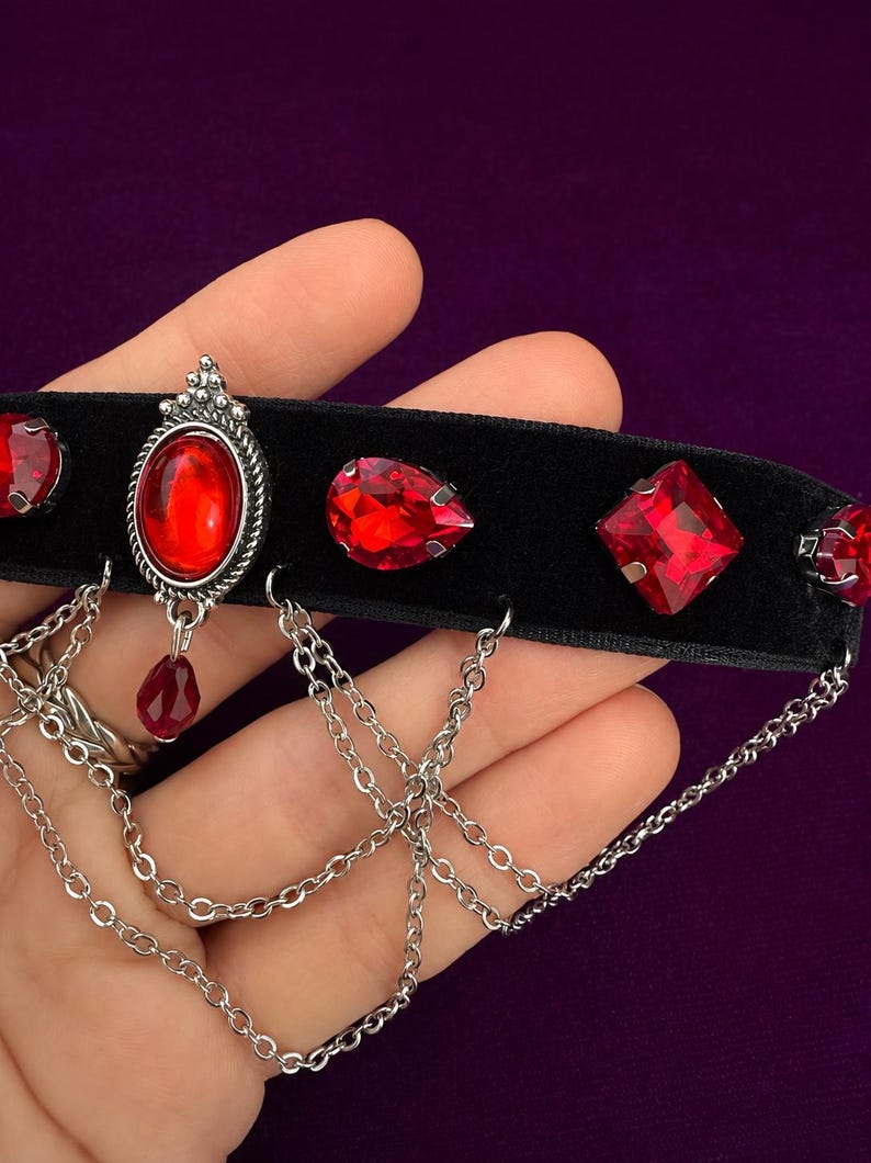 Blood Red Gem Velvet Choker, Victorian Vampire Draped Chain Necklace, Goth Gift for Her image 6