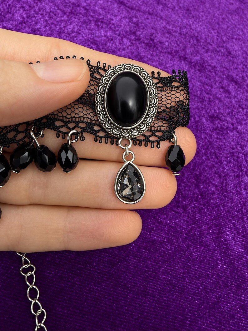 Black Lace Victorian Choker, Crystal Drop Necklace, Gothic Romantic Jewelry image 6