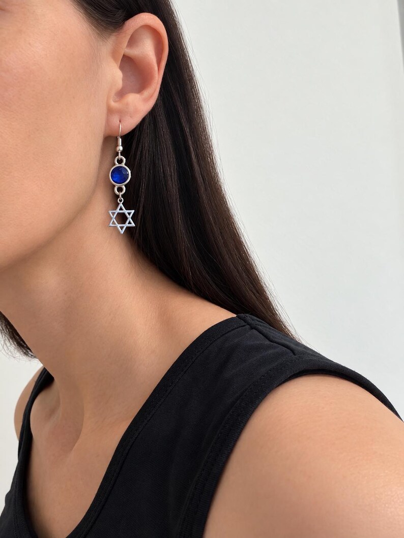 Blue Crystal Star of David Earrings, Gothic Judaica Dangles, Alternative Jewish Gift image 9
