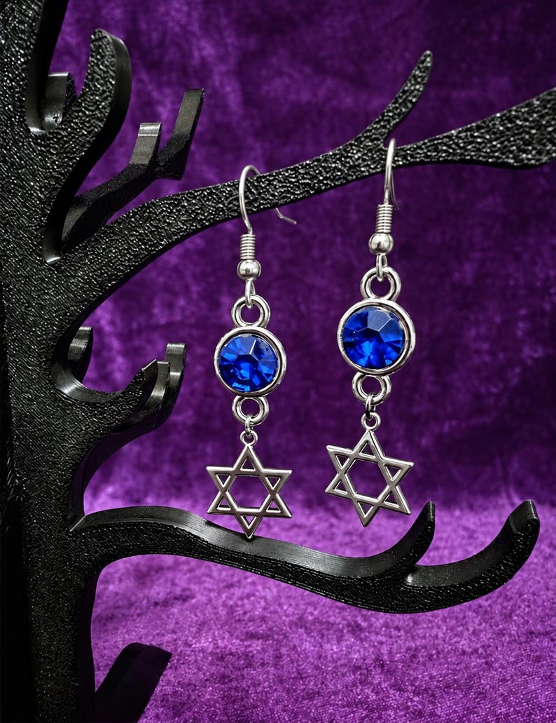 Blue Crystal Star of David Earrings, Gothic Judaica Dangles, Alternative Jewish Gift image 1