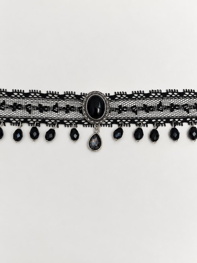 Black Lace Victorian Choker, Crystal Drop Necklace, Gothic Romantic Jewelry image 10