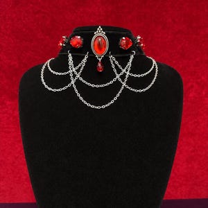 Blood Red Gem Velvet Choker, Victorian Vampire Draped Chain Necklace, Goth Gift for Her image 10