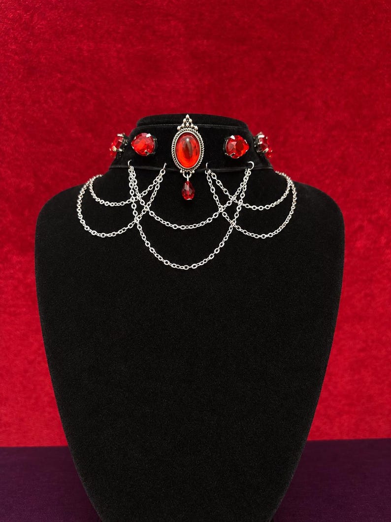 Blood Red Gem Velvet Choker, Victorian Vampire Draped Chain Necklace, Goth Gift for Her image 10
