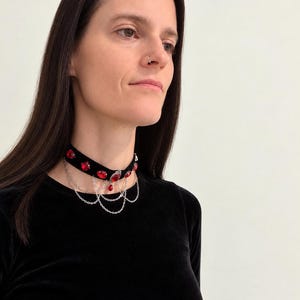 Blood Red Gem Velvet Choker, Victorian Vampire Draped Chain Necklace, Goth Gift for Her image 9
