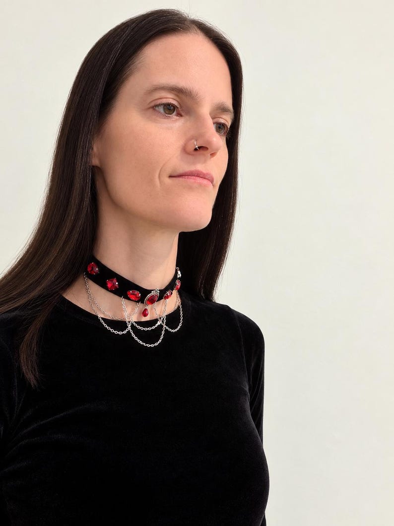 Blood Red Gem Velvet Choker, Victorian Vampire Draped Chain Necklace, Goth Gift for Her image 9