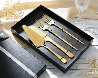 Hochzeitstorte Set Jubiläumsgeschenk Gravur Messer Gabeln Tortenheber Set Gold Messer Set Torten Gabeln 25082001