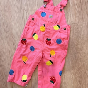 Baby Girl Pink Fruit Embroidered Overalls, Toddler Strawberry Lemon Outfit, Handmade Kids Overalls, Summer Clothing